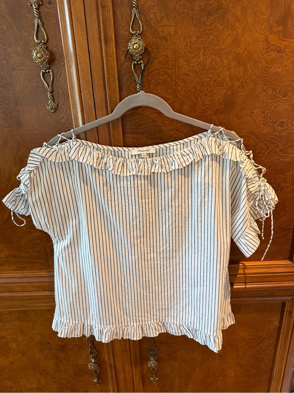 Madewell White and Black Vertical Stripe Ruffle Off-Shoulder Top